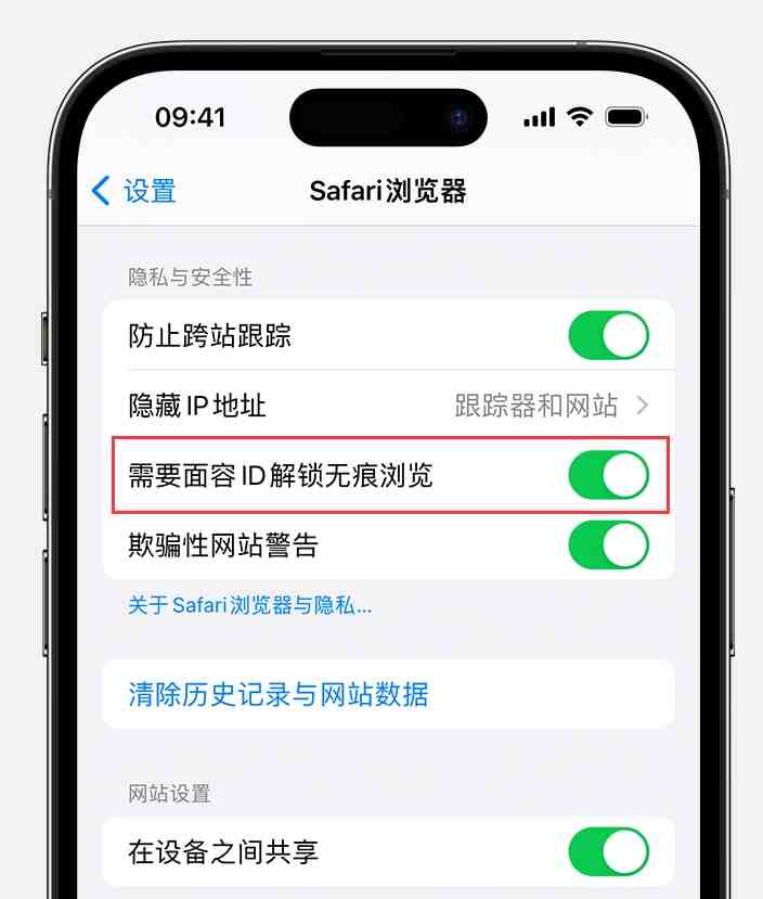 iOS 17 隐私保护功能：通过面容 ID 解锁无痕浏览