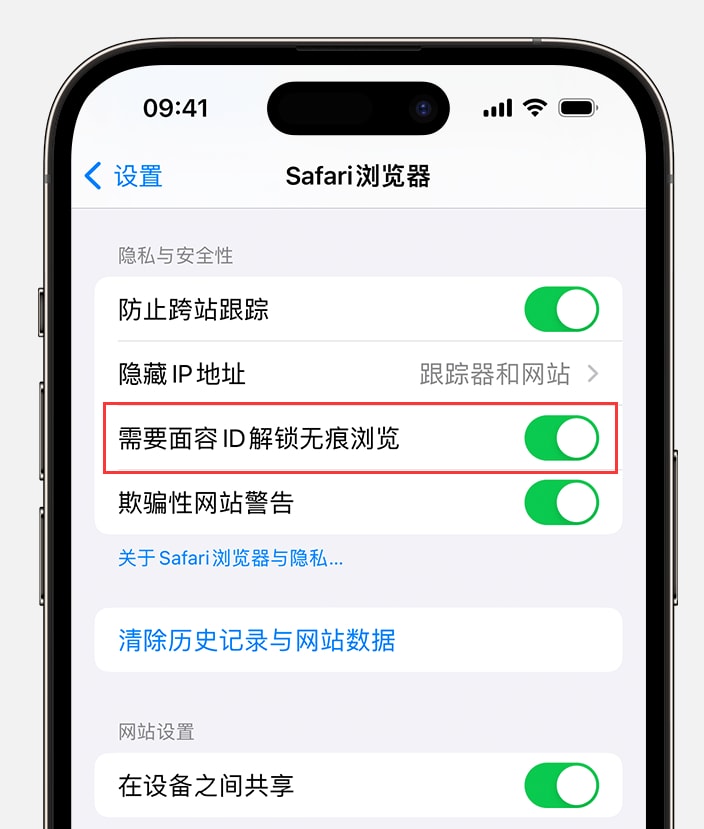 iOS 17 隐私保护功能：通过面容 ID 解锁无痕浏览